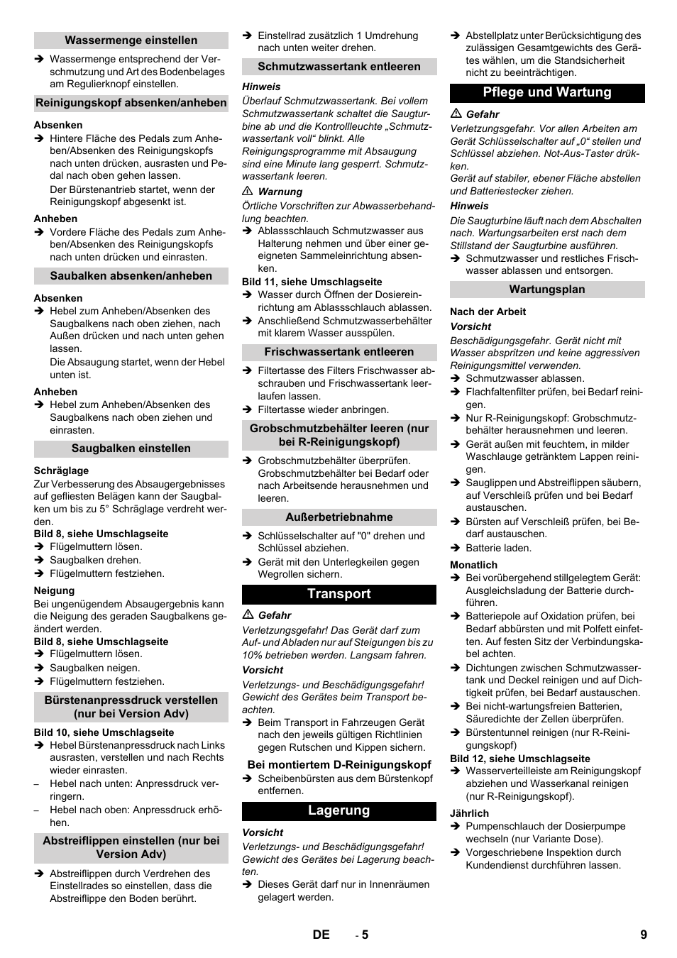 Transport, Lagerung pflege und wartung | Karcher B 90 R Adv DOSE Bp Pack User Manual | Page 9 / 272