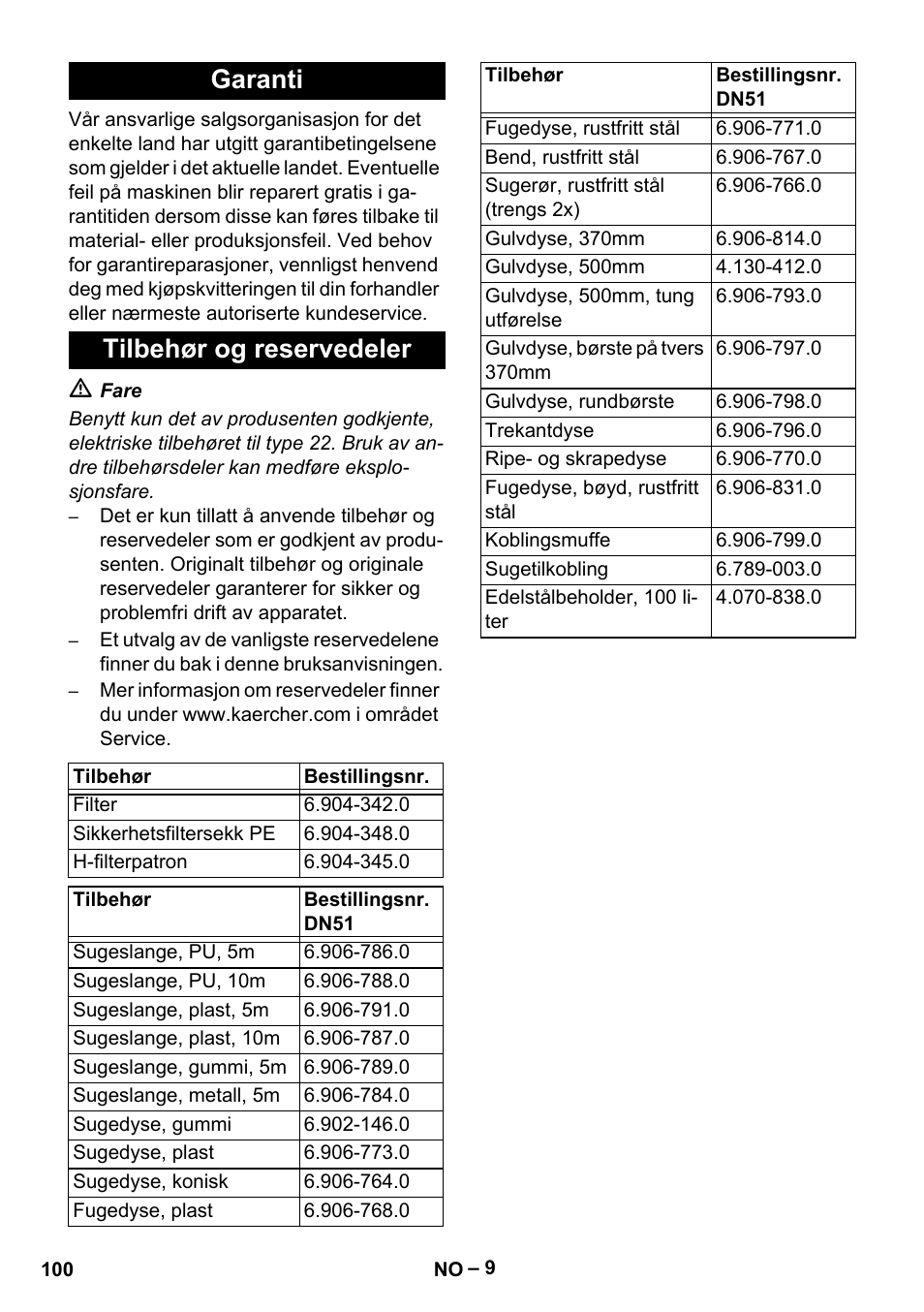 Garanti, Tilbehør og reservedeler, Garanti tilbehør og reservedeler | Karcher IV 100-55 H B1 User Manual | Page 100 / 308