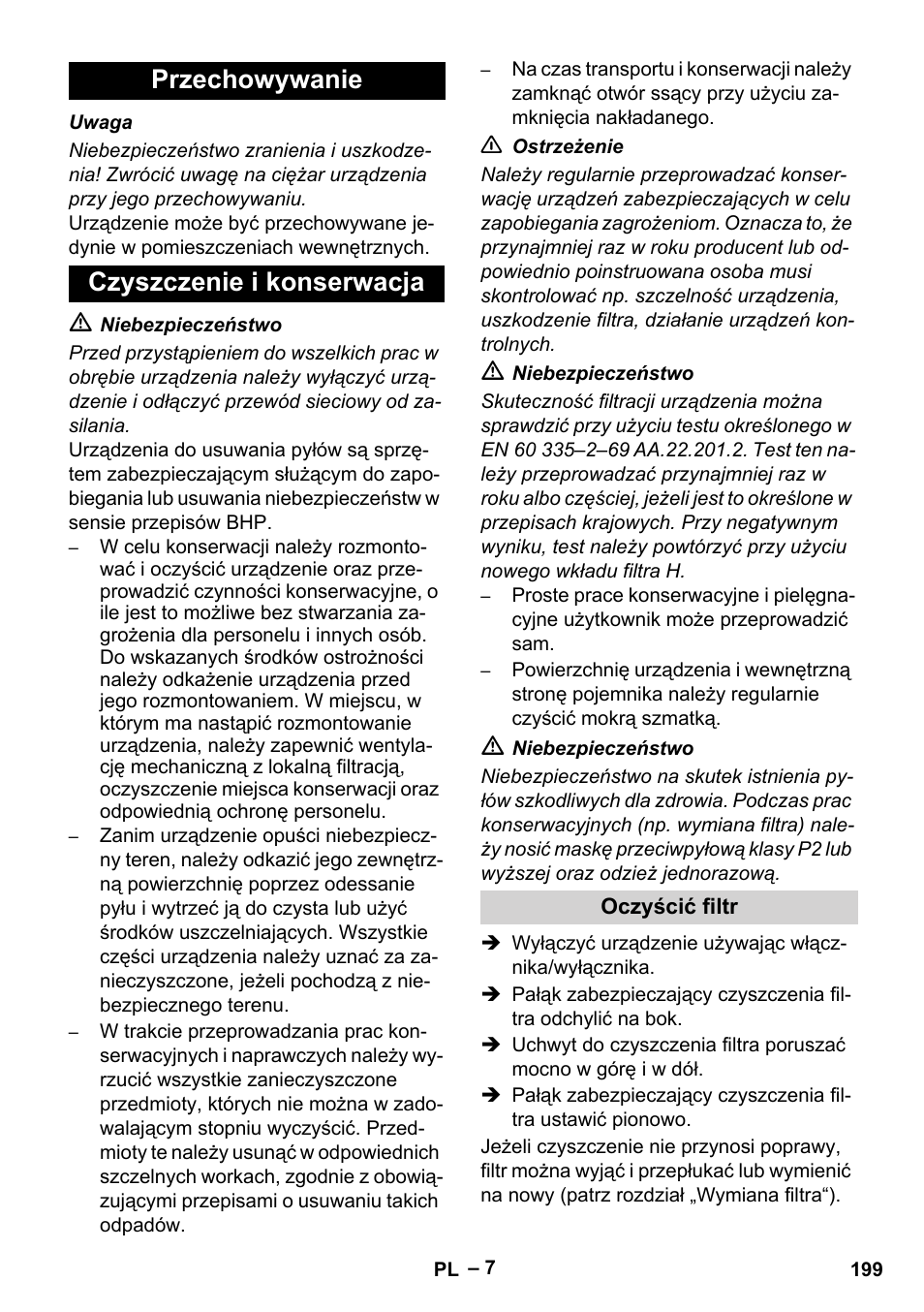 Przechowywanie, Czyszczenie i konserwacja, Oczyścić filtr | Przechowywanie czyszczenie i konserwacja | Karcher IV 100-55 H B1 User Manual | Page 199 / 308