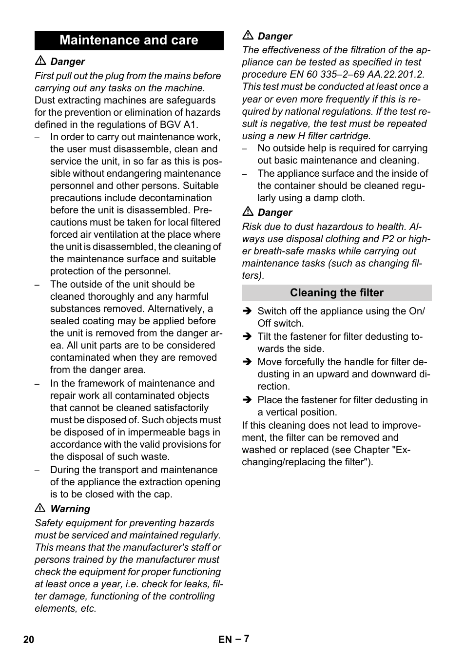 Maintenance and care, Cleaning the filter | Karcher IV 100-55 H B1 User Manual | Page 20 / 308