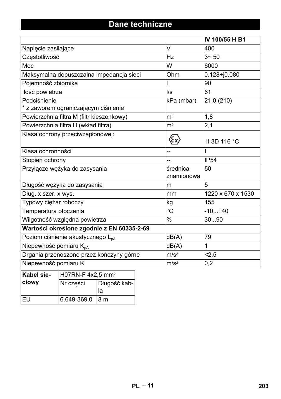 Dane techniczne | Karcher IV 100-55 H B1 User Manual | Page 203 / 308