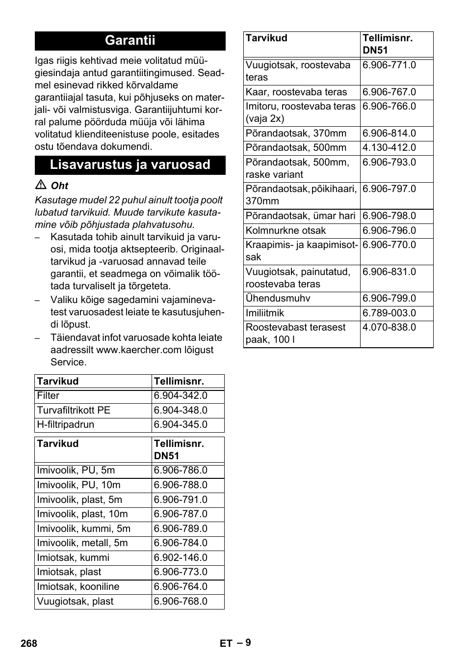 Garantii, Lisavarustus ja varuosad, Garantii lisavarustus ja varuosad | Karcher IV 100-55 H B1 User Manual | Page 268 / 308