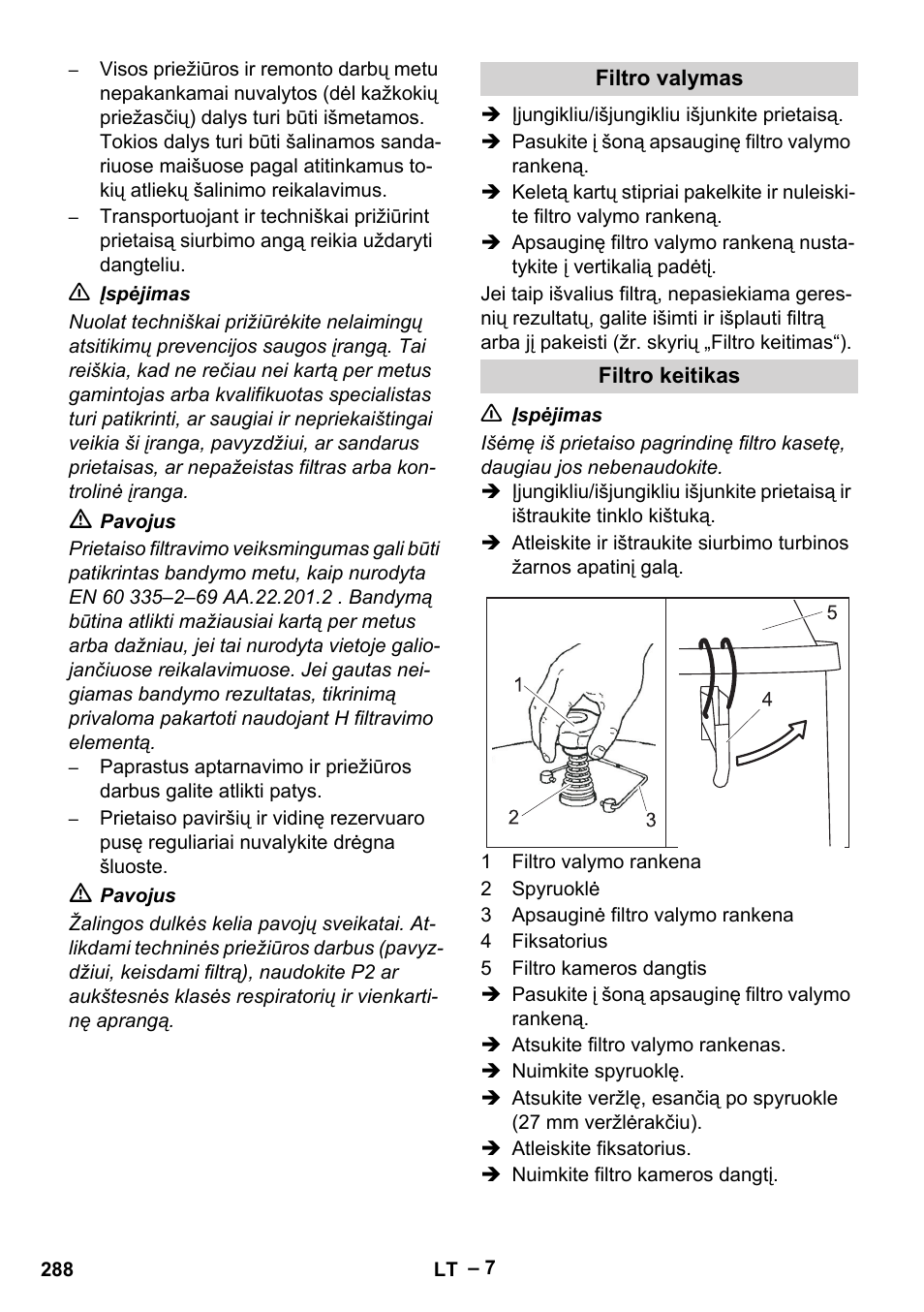 Filtro valymas, Filtro keitikas | Karcher IV 100-55 H B1 User Manual | Page 288 / 308