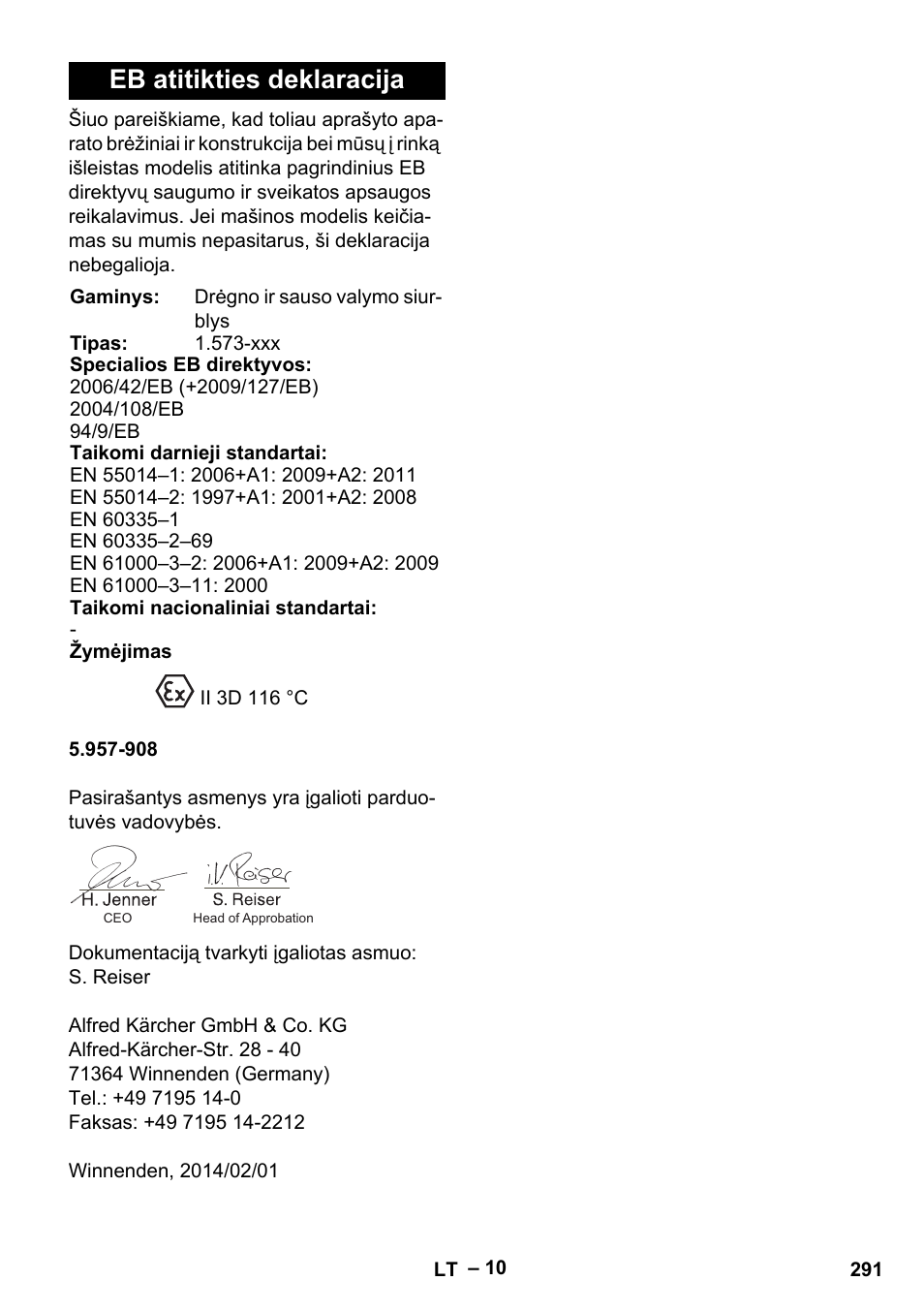 Eb atitikties deklaracija | Karcher IV 100-55 H B1 User Manual | Page 291 / 308