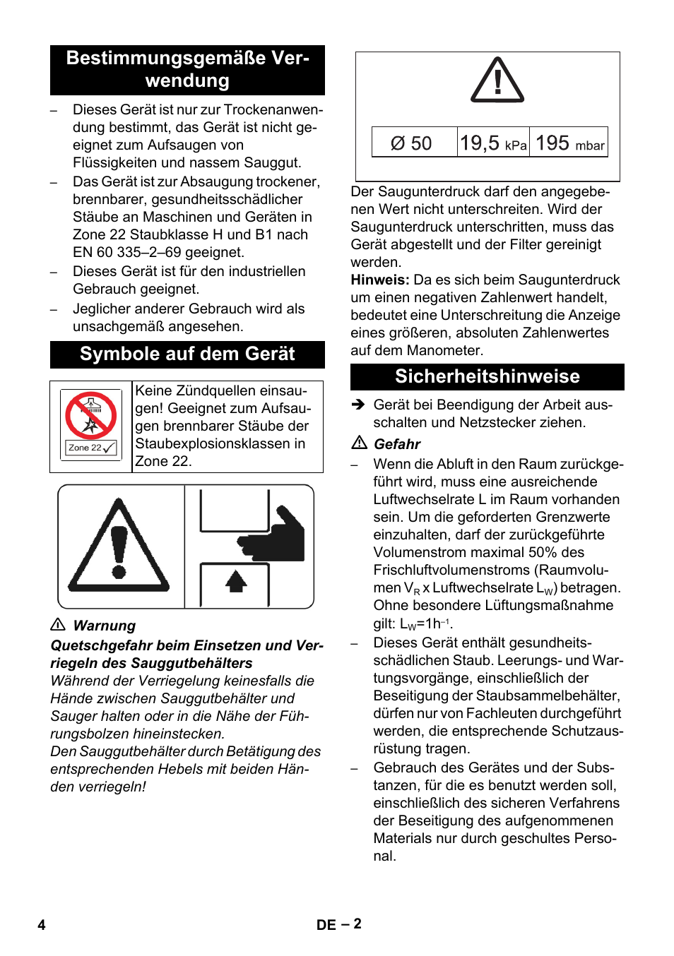 Bestimmungsgemäße verwendung, Symbole auf dem gerät, Sicherheitshinweise | Karcher IV 100-55 H B1 User Manual | Page 4 / 308