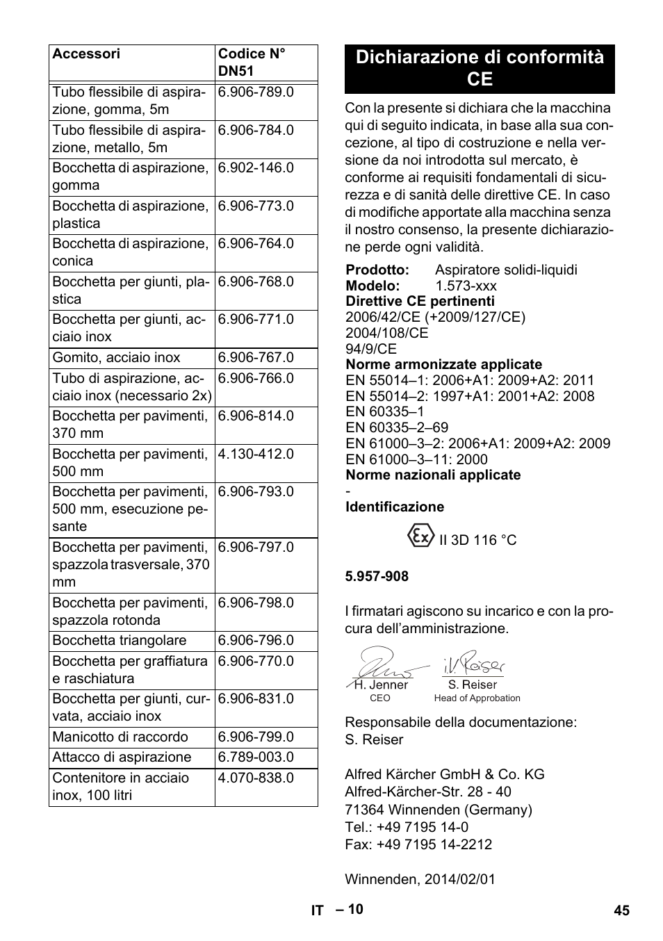 Dichiarazione di conformità ce | Karcher IV 100-55 H B1 User Manual | Page 45 / 308