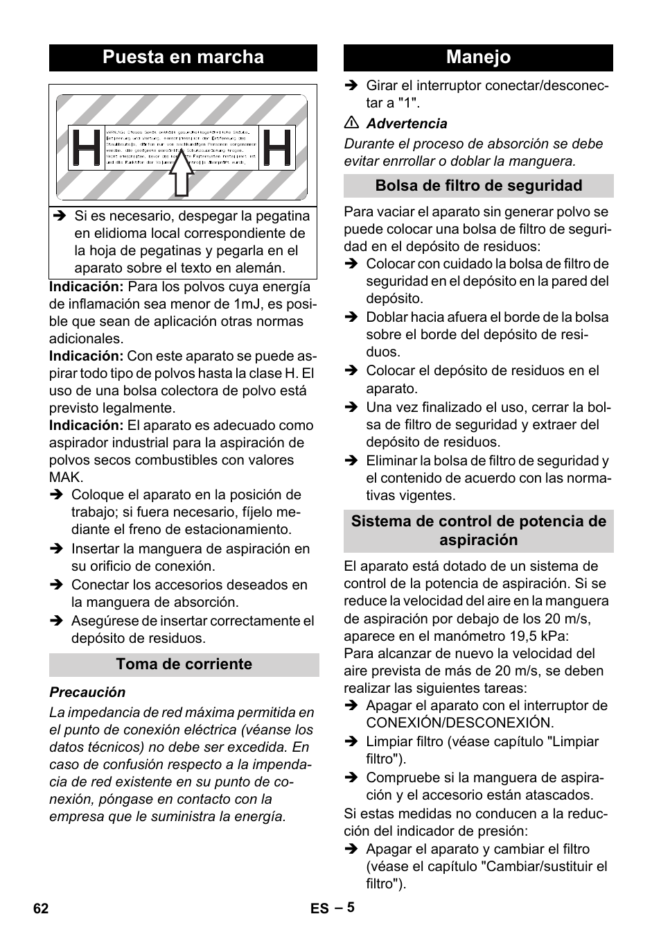 Puesta en marcha, Toma de corriente, Manejo | Bolsa de filtro de seguridad, Sistema de control de potencia de aspiración | Karcher IV 100-55 H B1 User Manual | Page 62 / 308