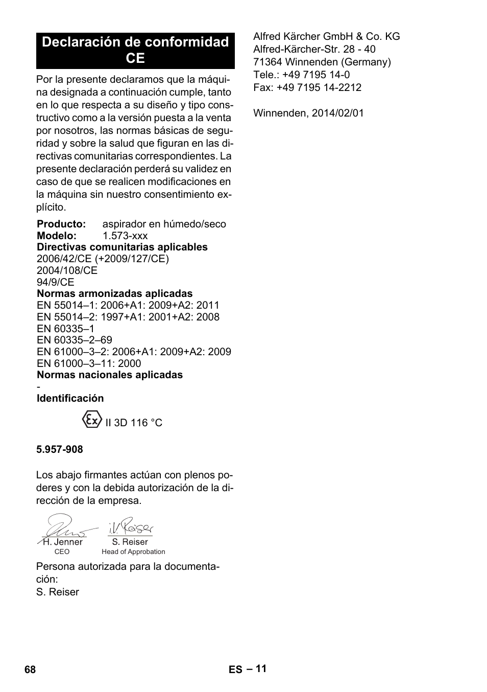 Declaración de conformidad ce | Karcher IV 100-55 H B1 User Manual | Page 68 / 308