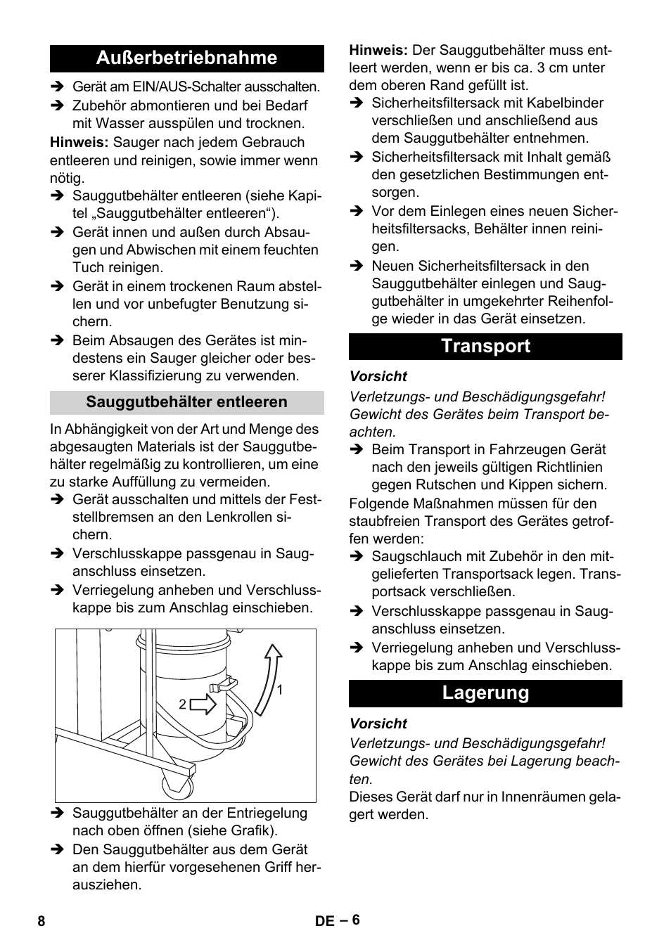 Außerbetriebnahme, Sauggutbehälter entleeren, Transport | Lagerung, Transport lagerung | Karcher IV 100-55 H B1 User Manual | Page 8 / 308