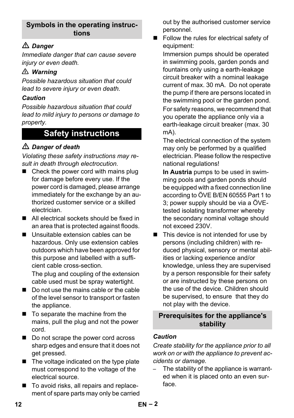 Symbols in the operating instructions, Safety instructions, Prerequisites for the appliance's stability | Karcher SDP 7000 User Manual | Page 12 / 60