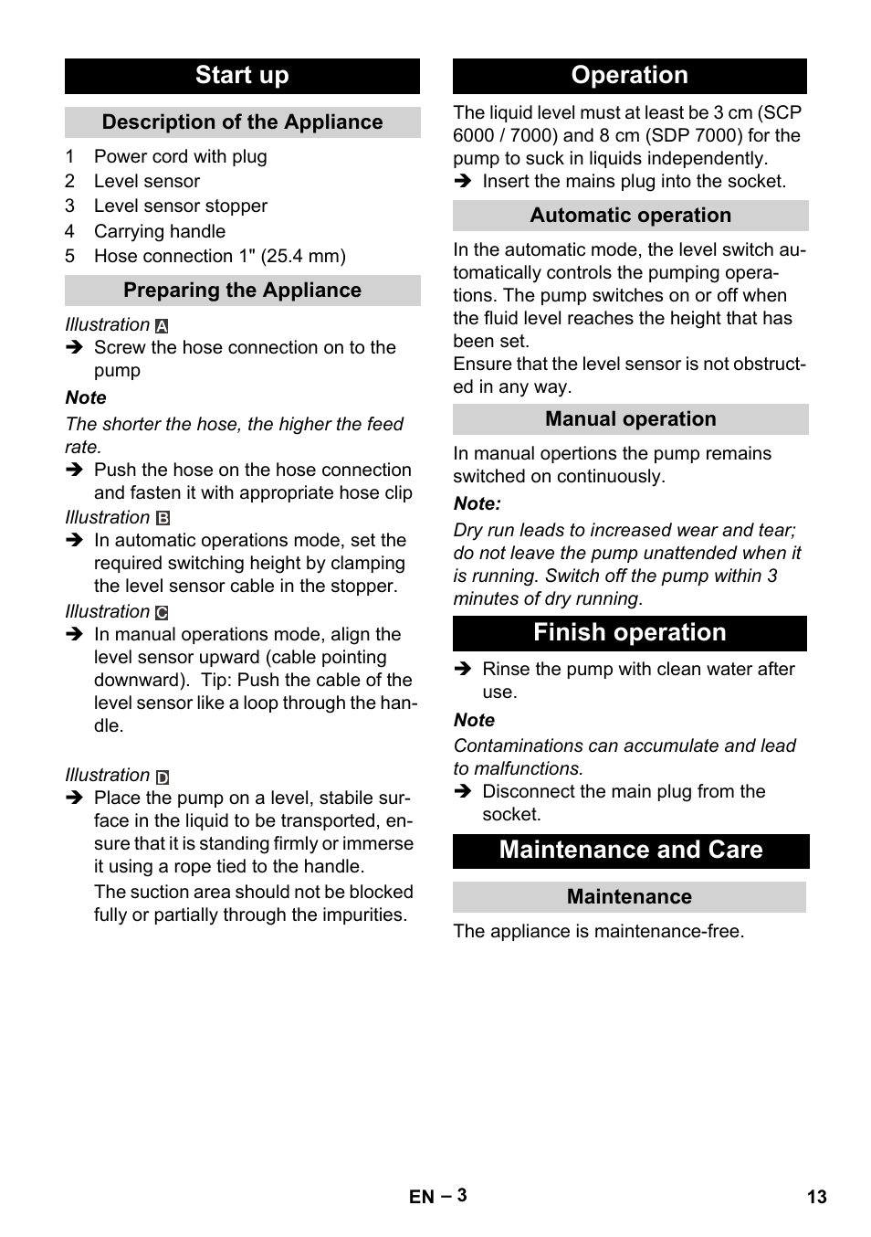 Start up, Description of the appliance, Preparing the appliance | Operation, Automatic operation, Manual operation, Finish operation, Maintenance and care, Maintenance, Finish operation maintenance and care | Karcher SDP 7000 User Manual | Page 13 / 60