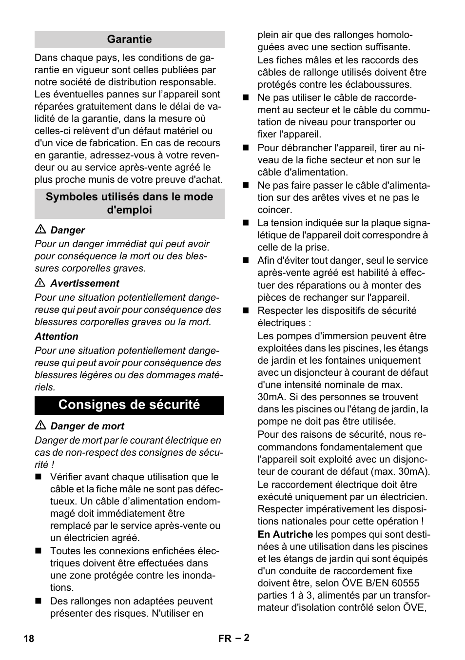 Garantie, Symboles utilisés dans le mode d'emploi, Consignes de sécurité | Karcher SDP 7000 User Manual | Page 18 / 60