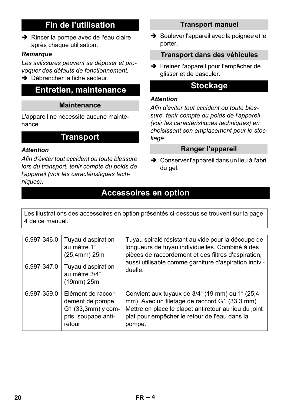 Fin de l'utilisation, Entretien, maintenance, Maintenance | Transport, Transport manuel, Transport dans des véhicules, Stockage, Ranger l’appareil, Accessoires en option, Fin de l'utilisation entretien, maintenance | Karcher SDP 7000 User Manual | Page 20 / 60