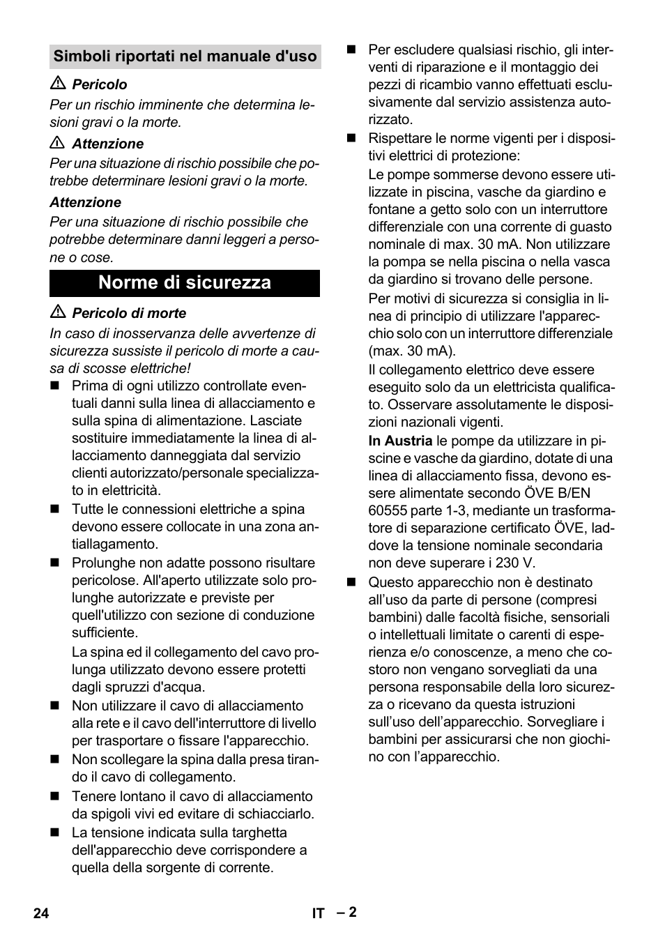 Simboli riportati nel manuale d'uso, Norme di sicurezza | Karcher SDP 7000 User Manual | Page 24 / 60