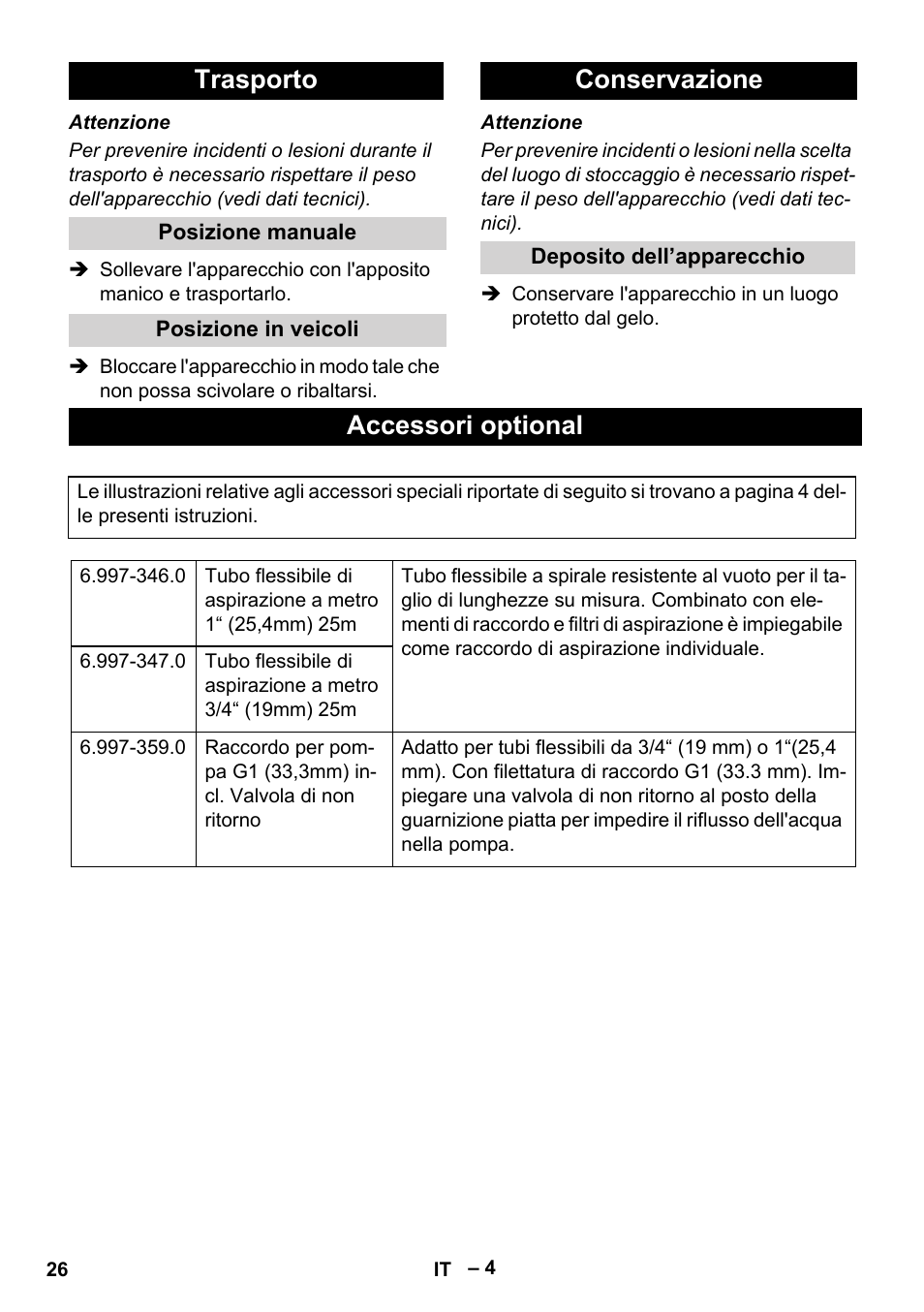 Trasporto, Posizione manuale, Posizione in veicoli | Conservazione, Deposito dell’apparecchio, Accessori optional | Karcher SDP 7000 User Manual | Page 26 / 60