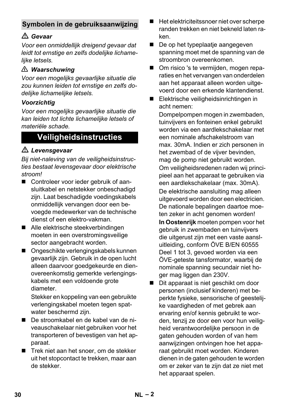 Symbolen in de gebruiksaanwijzing, Veiligheidsinstructies | Karcher SDP 7000 User Manual | Page 30 / 60