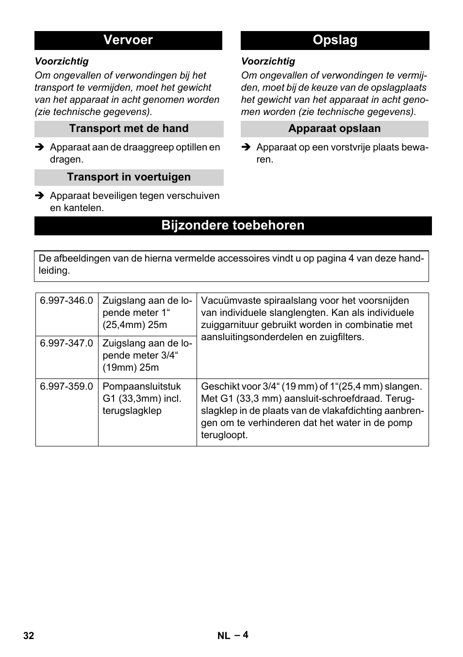 Vervoer, Transport met de hand, Transport in voertuigen | Opslag, Apparaat opslaan, Bijzondere toebehoren | Karcher SDP 7000 User Manual | Page 32 / 60