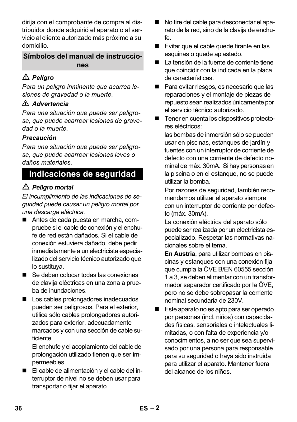 Símbolos del manual de instrucciones, Indicaciones de seguridad | Karcher SDP 7000 User Manual | Page 36 / 60