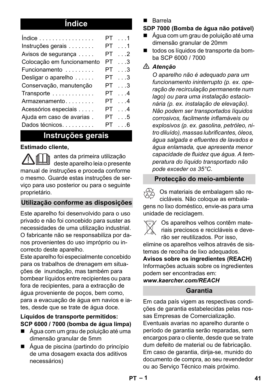 Português, Índice, Instruções gerais | Utilização conforme as disposições, Líquidos de transporte permitidos, Protecção do meio-ambiente, Garantia | Karcher SDP 7000 User Manual | Page 41 / 60