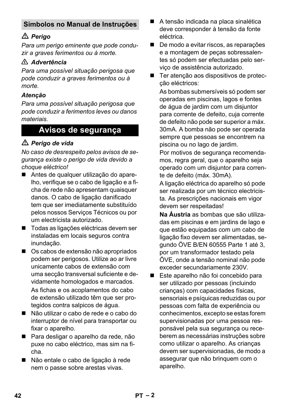 Símbolos no manual de instruções, Avisos de segurança | Karcher SDP 7000 User Manual | Page 42 / 60