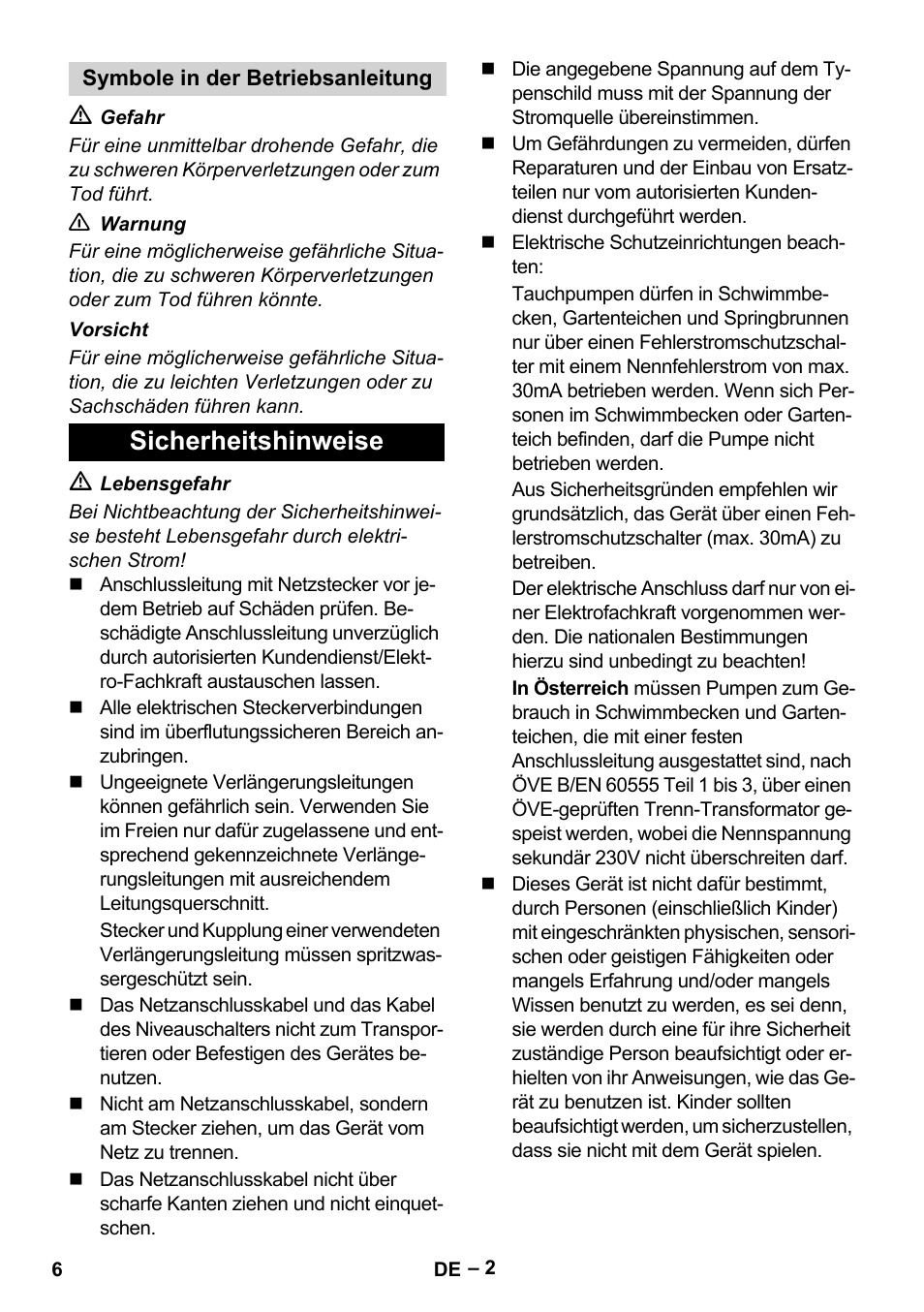 Symbole in der betriebsanleitung, Sicherheitshinweise | Karcher SDP 7000 User Manual | Page 6 / 60