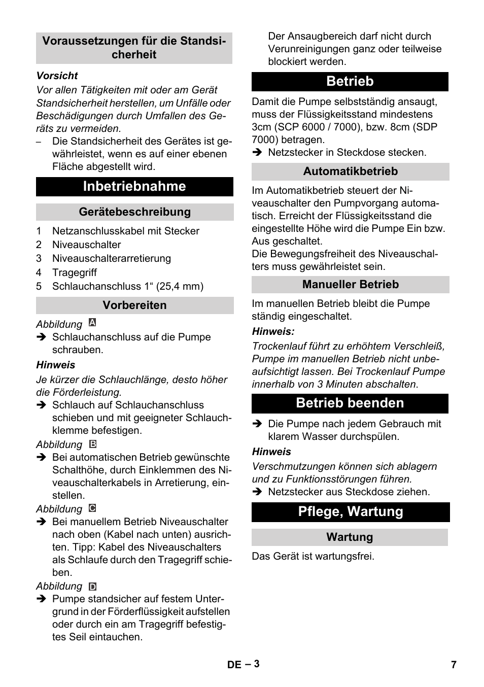 Voraussetzungen für die standsicherheit, Inbetriebnahme, Gerätebeschreibung | Vorbereiten, Betrieb, Automatikbetrieb, Manueller betrieb, Betrieb beenden, Pflege, wartung, Wartung | Karcher SDP 7000 User Manual | Page 7 / 60