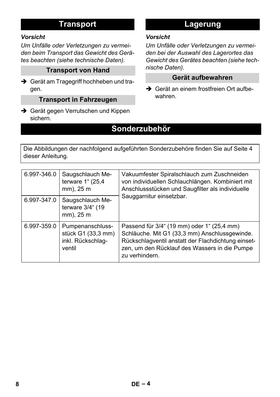 Transport, Transport von hand, Transport in fahrzeugen | Lagerung, Gerät aufbewahren, Sonderzubehör | Karcher SDP 7000 User Manual | Page 8 / 60