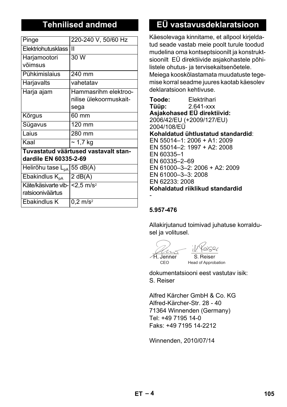 Tehnilised andmed, Eü vastavusdeklaratsioon | Karcher T 12-1 User Manual | Page 105 / 120