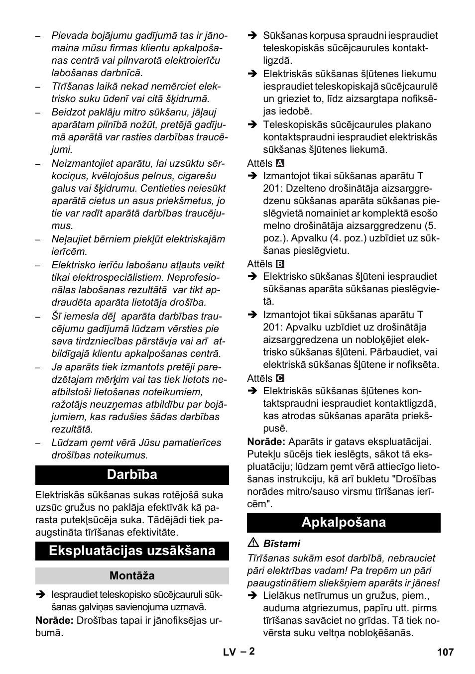 Darbība ekspluatācijas uzsākšana, Apkalpošana | Karcher T 12-1 User Manual | Page 107 / 120