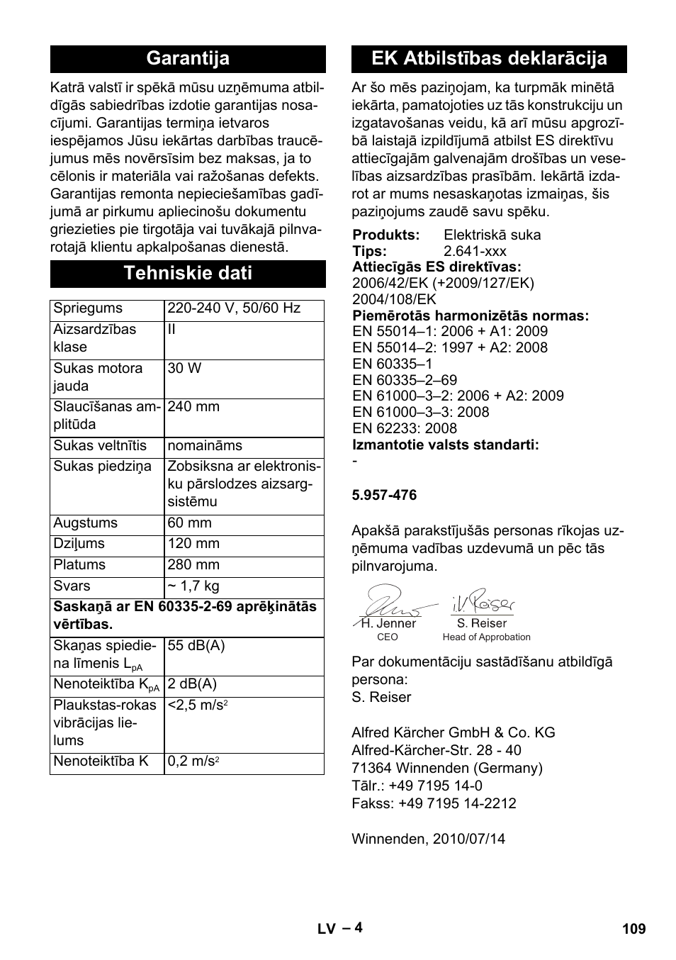 Garantija tehniskie dati, Ek atbilstības deklarācija | Karcher T 12-1 User Manual | Page 109 / 120