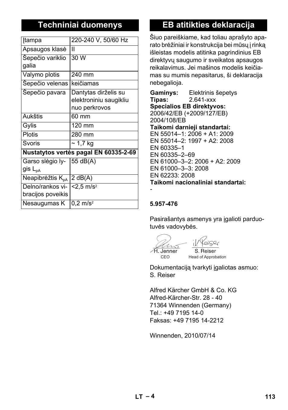 Techniniai duomenys, Eb atitikties deklaracija | Karcher T 12-1 User Manual | Page 113 / 120