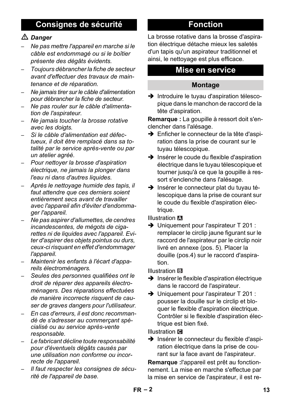 Consignes de sécurité fonction mise en service | Karcher T 12-1 User Manual | Page 13 / 120