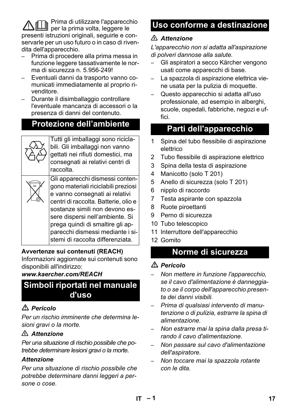 Italiano, Protezione dell’ambiente | Karcher T 12-1 User Manual | Page 17 / 120