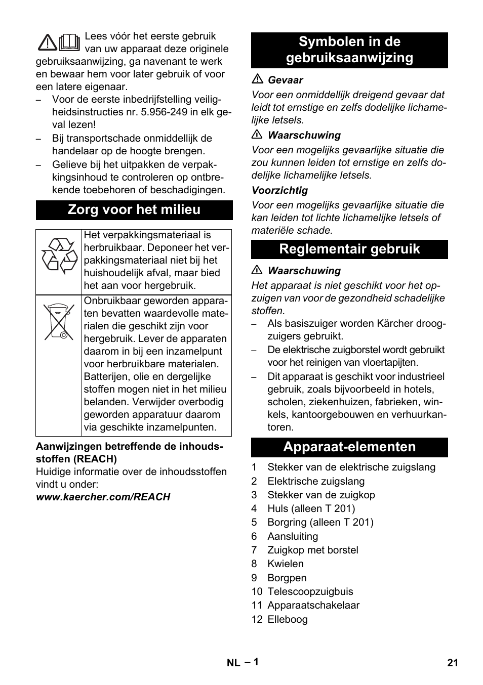 Nederlands, Zorg voor het milieu | Karcher T 12-1 User Manual | Page 21 / 120