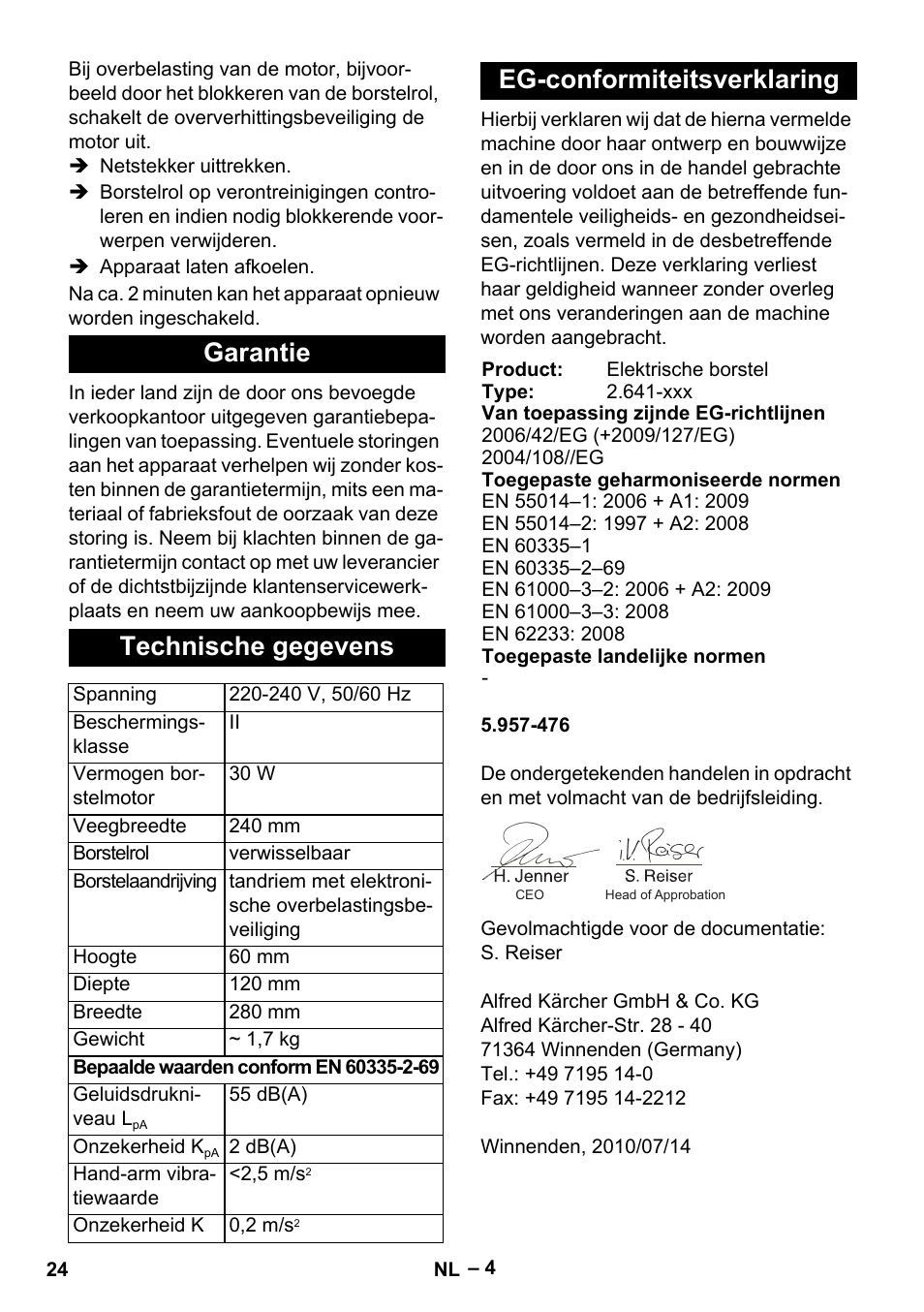 Garantie technische gegevens, Eg-conformiteitsverklaring | Karcher T 12-1 User Manual | Page 24 / 120