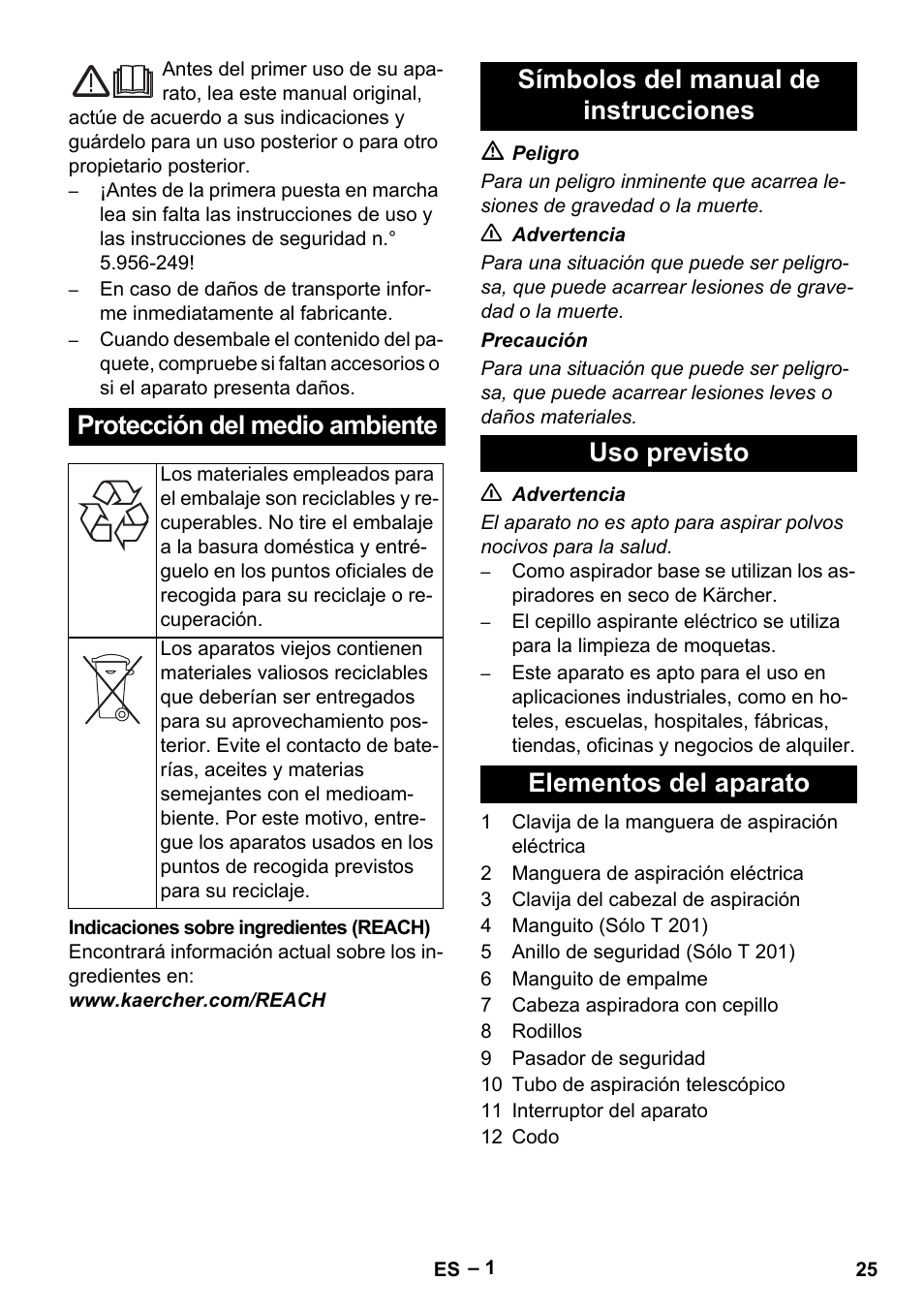 Español, Protección del medio ambiente | Karcher T 12-1 User Manual | Page 25 / 120