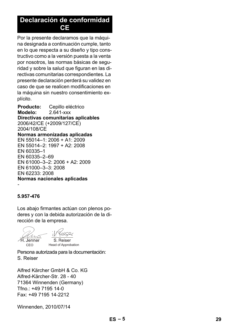 Declaración de conformidad ce | Karcher T 12-1 User Manual | Page 29 / 120