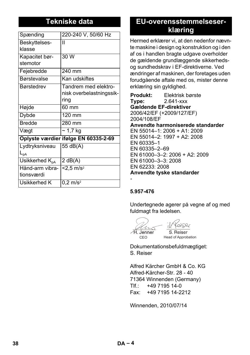 Tekniske data, Eu-overensstemmelseser- klæring | Karcher T 12-1 User Manual | Page 38 / 120