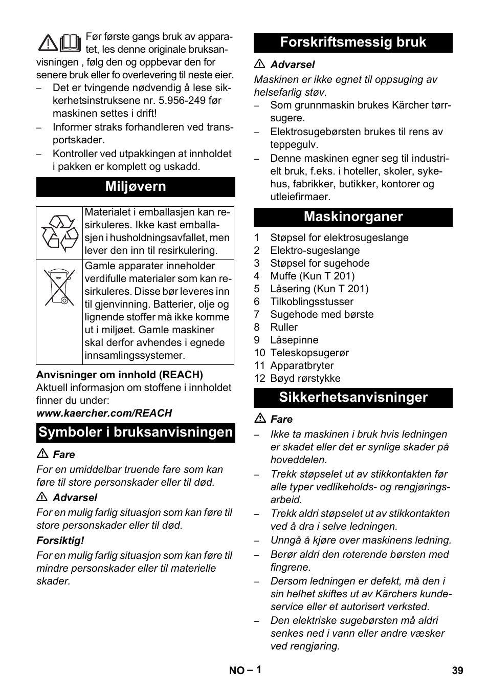 Norsk, Miljøvern | Karcher T 12-1 User Manual | Page 39 / 120