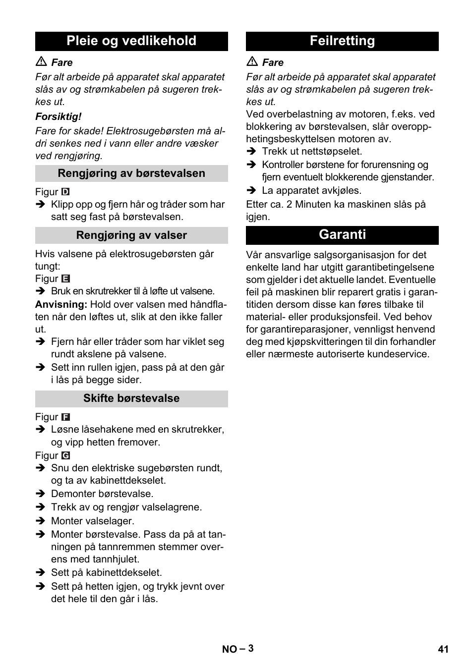 Pleie og vedlikehold, Feilretting garanti | Karcher T 12-1 User Manual | Page 41 / 120