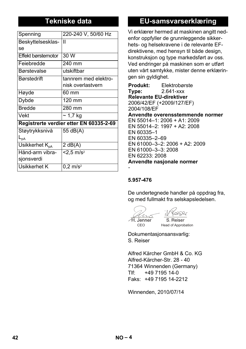 Tekniske data, Eu-samsvarserklæring | Karcher T 12-1 User Manual | Page 42 / 120