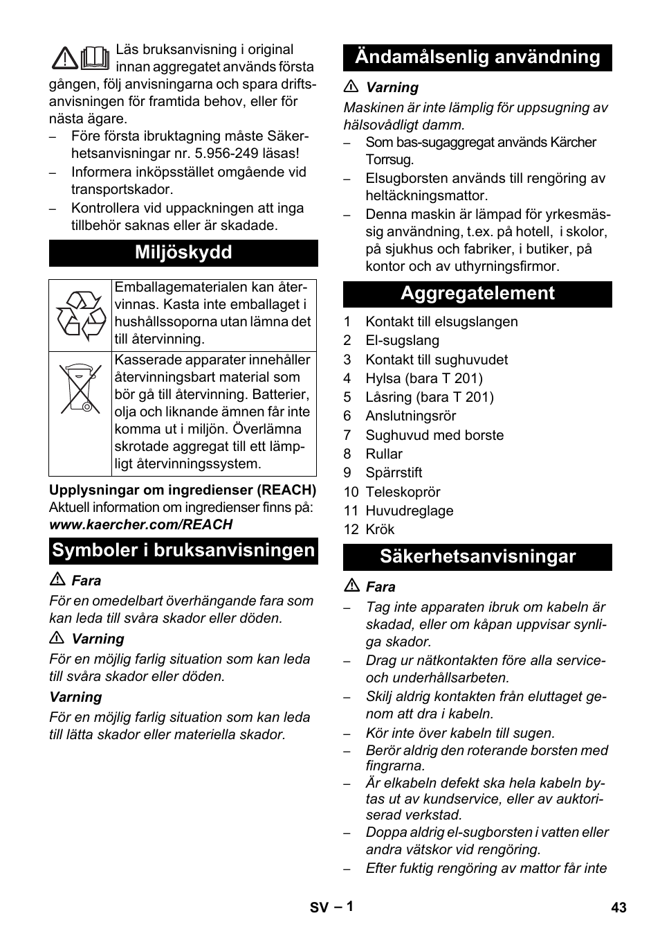 Svenska, Miljöskydd | Karcher T 12-1 User Manual | Page 43 / 120