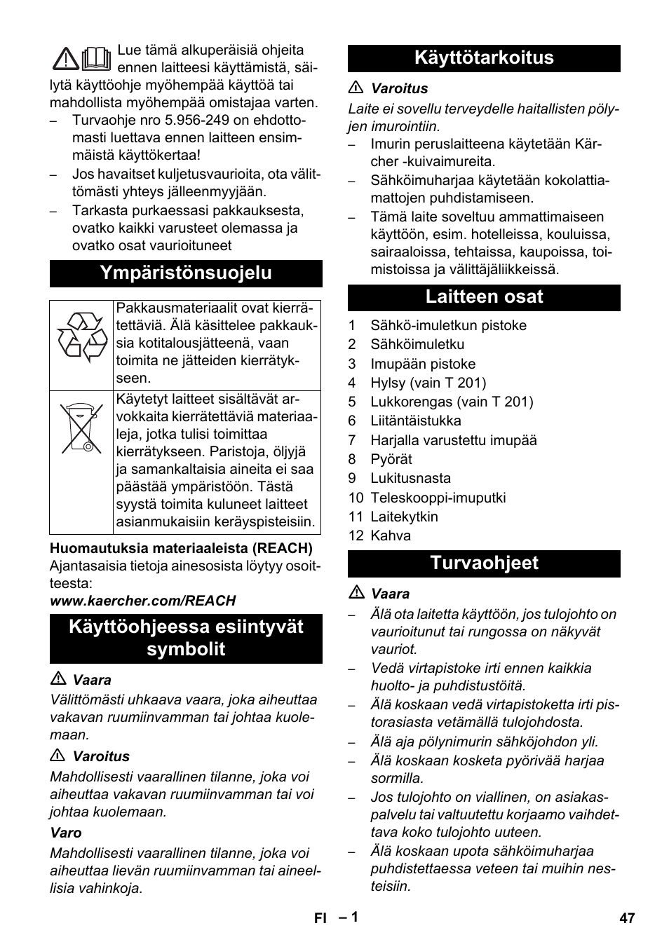 Suomi, Ympäristönsuojelu | Karcher T 12-1 User Manual | Page 47 / 120