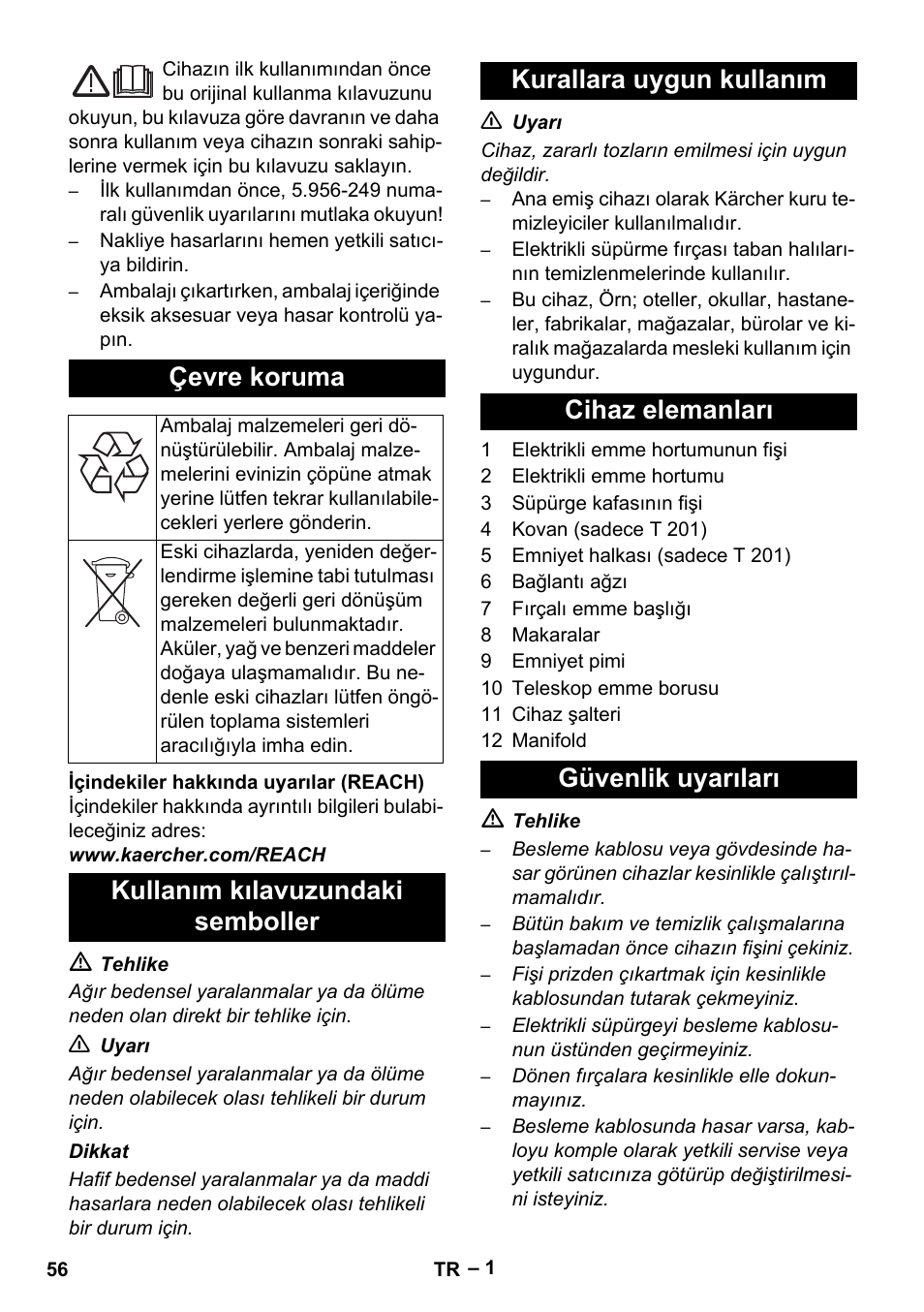 Türkçe, Çevre koruma | Karcher T 12-1 User Manual | Page 56 / 120