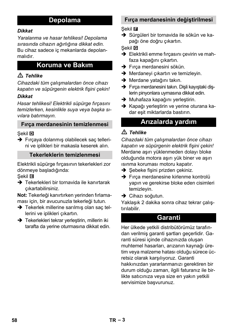 Depolama koruma ve bakım, Arızalarda yardım garanti | Karcher T 12-1 User Manual | Page 58 / 120