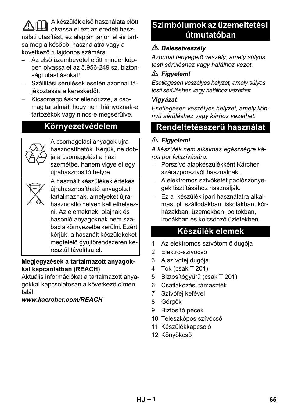 Magyar, Környezetvédelem | Karcher T 12-1 User Manual | Page 65 / 120
