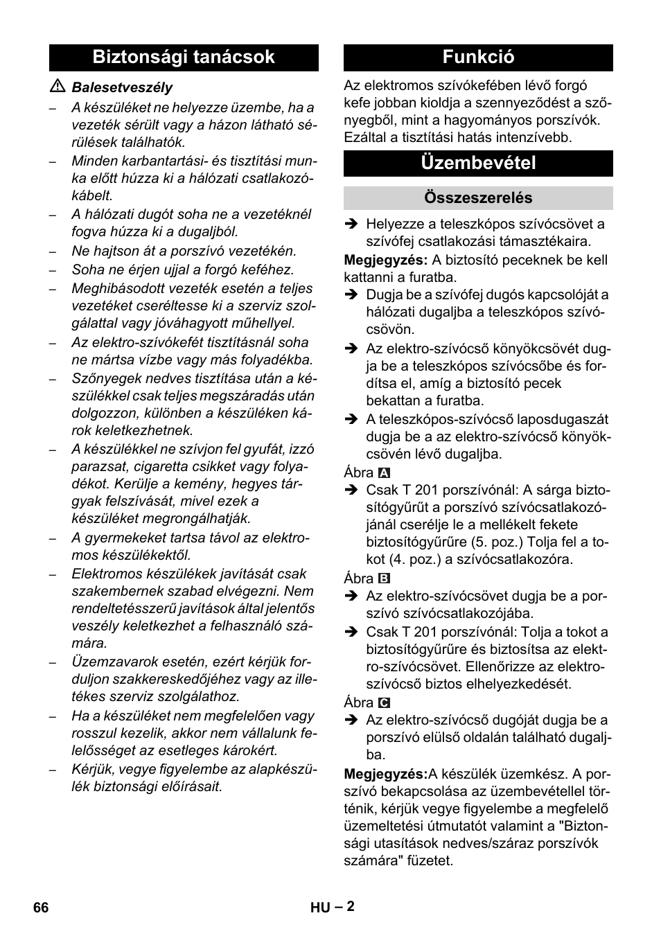 Biztonsági tanácsok funkció üzembevétel | Karcher T 12-1 User Manual | Page 66 / 120