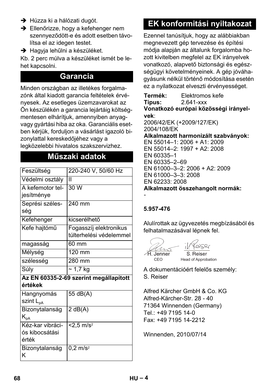 Garancia műszaki adatok, Ek konformitási nyiltakozat | Karcher T 12-1 User Manual | Page 68 / 120