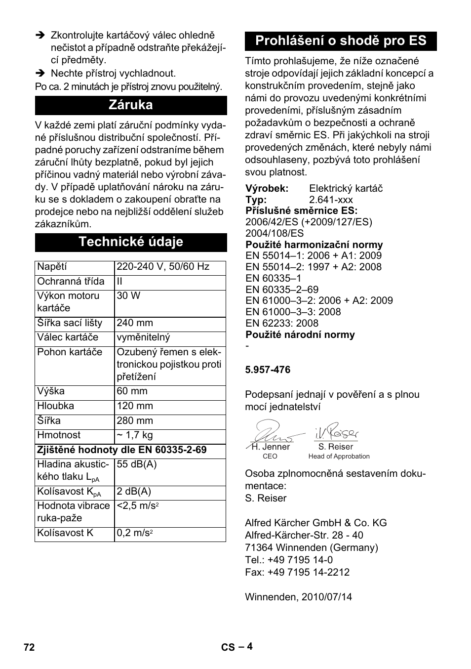 Záruka technické údaje, Prohlášení o shodě pro es | Karcher T 12-1 User Manual | Page 72 / 120