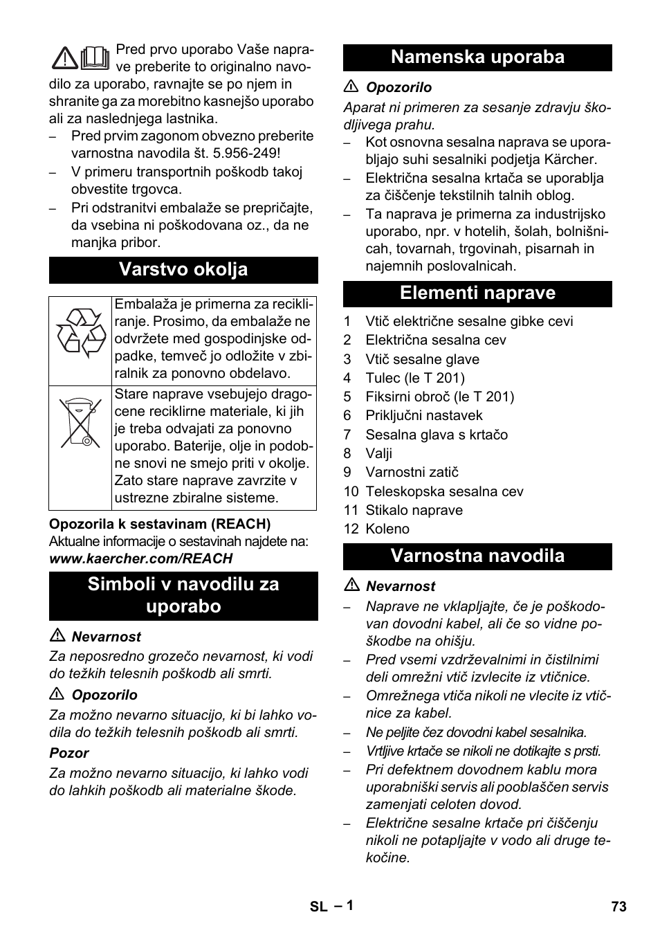 Slovenščina, Slovenšina, Varstvo okolja | Karcher T 12-1 User Manual | Page 73 / 120